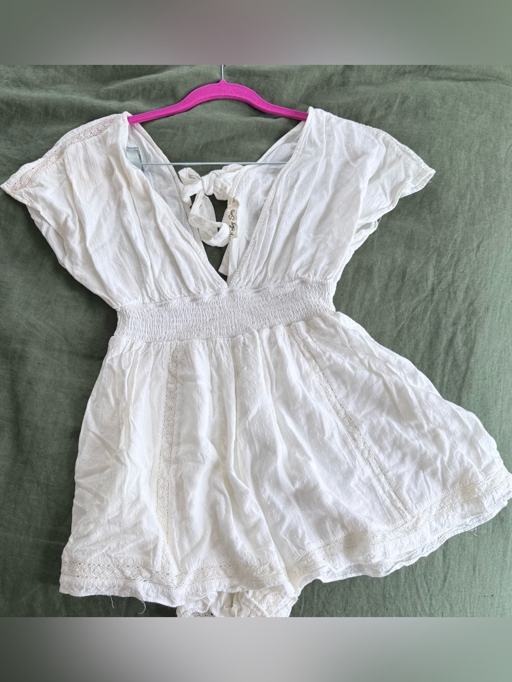 Smocked-Waist White V-Neck Romper with Tie Back